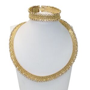 Cardelle Gold Mesh Greek Key Crystal Rhinestone Choker Necklace Bracelet Set